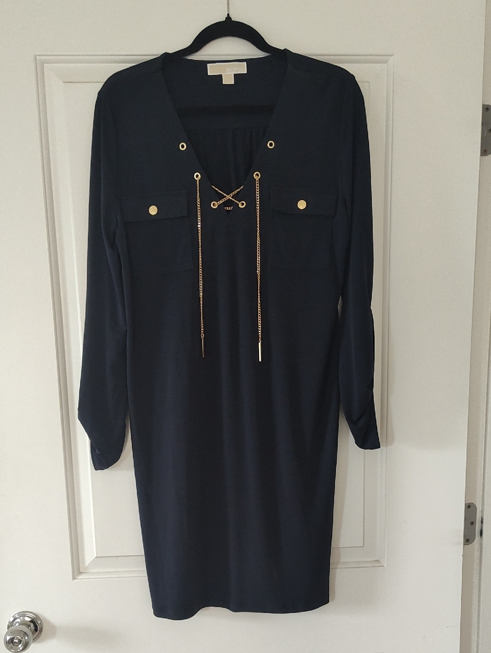 Michael Kors Navy Long Sleeve Shirt Dress with Gold Chain Accents
